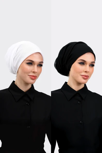 Loggia 2 Adet İç Başörtüsü %100 Pamuklu Siyah Beyaz Tülbent - Kenarları Oyalı 90x90 Kadın Tesettür - Resim 2