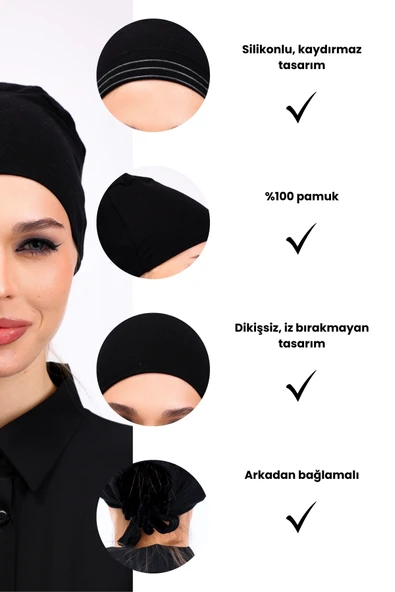 Loggia Kaymayan Silikonlu Dikişsiz Bone Siyah - Kaymaz Kadın Tesettür Bağlamalı İç Bone - Resim 3