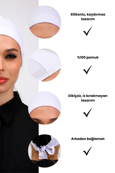 Loggia Kaymayan Silikonlu Dikişsiz Bone Beyaz - Kaymaz Kadın Tesettür Bağlamalı İç Bone - Resim 3