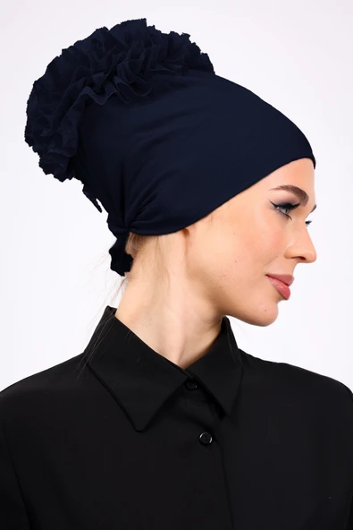 Loggia Fırfırlı Dikişsiz Penye Bone Lacivert - Kadın Tesettür Bağlamalı Topuz İç Bone - Resim 5