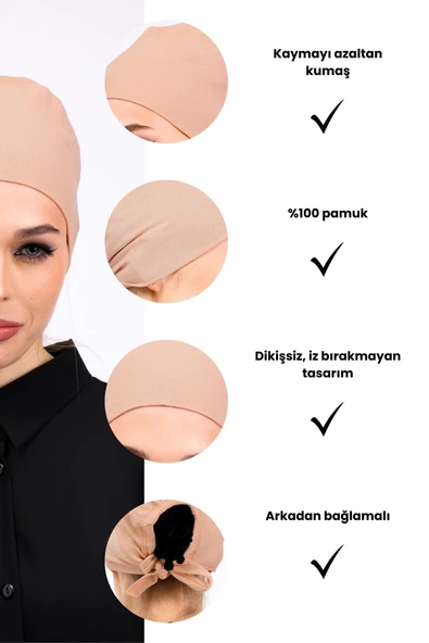 Loggia Düz Dikişsiz Penye Bone Ten Rengi - Kadın Tesettür Bağlamalı İç Bone - Resim 3
