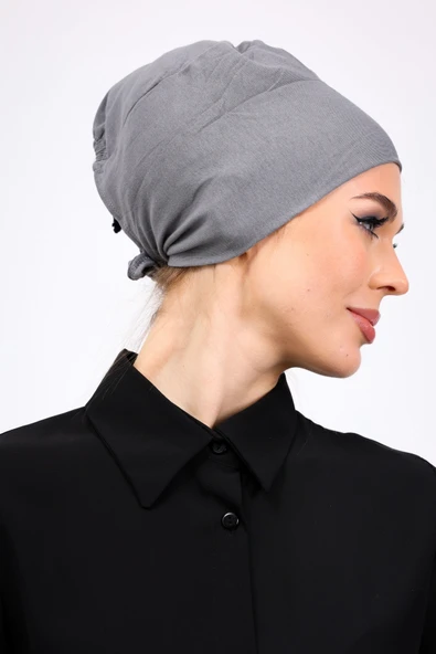 Loggia Düz Dikişsiz Penye Bone Gri - Kadın Tesettür Bağlamalı İç Bone - Resim 6