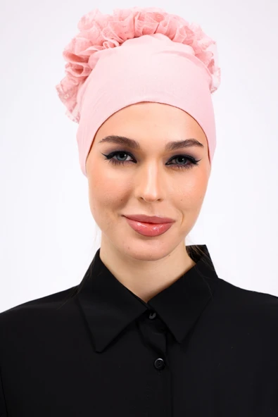 Loggia Fırfırlı Dikişsiz Penye Bone Pembe - Kadın Tesettür Bağlamalı Topuz İç Bone Pudra - Resim 2