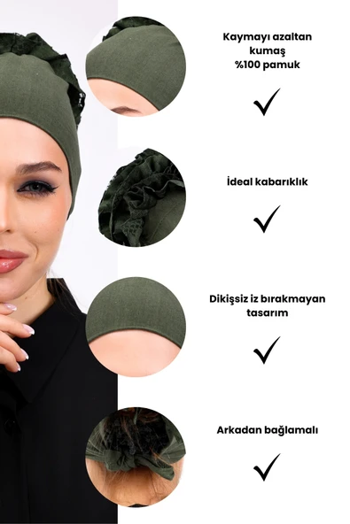 Loggia Fırfırlı Dikişsiz Penye Bone Haki Yeşil - Kadın Tesettür Bağlamalı Topuz İç Bone - Resim 3