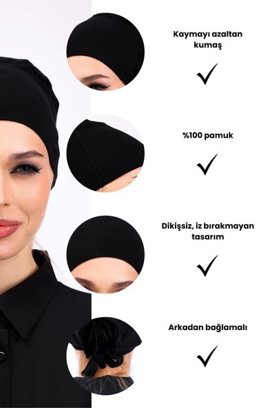 Loggia Düz Dikişsiz Penye Bone Siyah - Kadın Tesettür Bağlamalı İç Bone - Resim 3