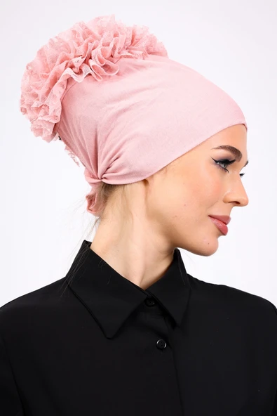 Loggia Fırfırlı Dikişsiz Penye Bone Pembe - Kadın Tesettür Bağlamalı Topuz İç Bone Pudra - Resim 5