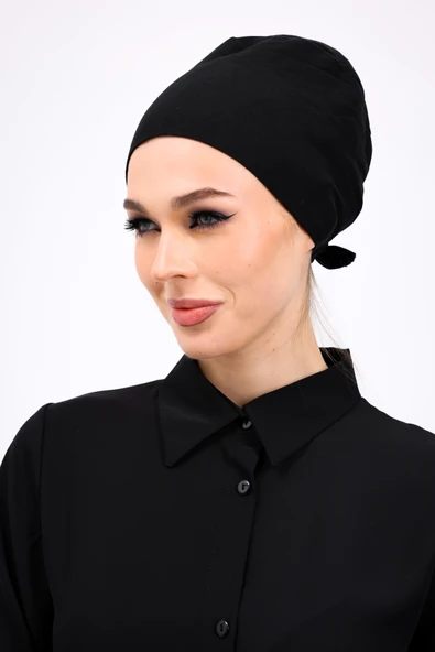 Loggia Düz Dikişsiz Penye Bone Siyah - Kadın Tesettür Bağlamalı İç Bone - Resim 5