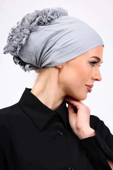 Loggia Fırfırlı Dikişsiz Penye Bone Açık Gri - Kadın Tesettür Bağlamalı Topuz İç Bone - Resim 5