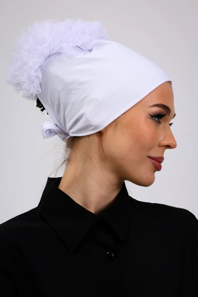 Loggia Fırfırlı Dikişsiz Penye Bone Beyaz- Kadın Tesettür Bağlamalı Topuz İç Bone - Resim 4