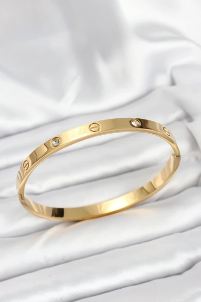 Tahtakale Toptancı  Çelik Gold Renk Zirkon Taşlı 65 mm Kadın Kelepçe Bileklik 7911 - 1