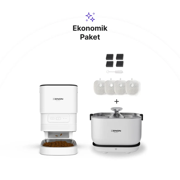 Xenon Smart Akıllı Çelik Hazneli Mama Kabı Akıllı Otomatik Şarj Edilebilir Bataryalı Su Pınarı ve Yedek Filtre 3'lü Pet Seti