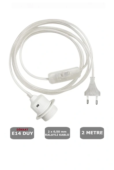 Şeffaf Kablo, E14 Beyaz Duylu, 2 Metre Arapuarlı (Aç Kapat Anahtar) (2X0,50) ürün görseli