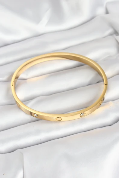 Tahtakale Toptancı  Çelik Gold Renk Zirkon Taşlı 65 mm Kadın Kelepçe Bileklik 7911 - 2