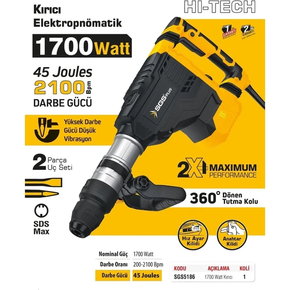 SGS SGS5186 - 11 kg Elektropnomatik Kırıcı Hilti Sds Max 1700 Watt 45 Joules - 2