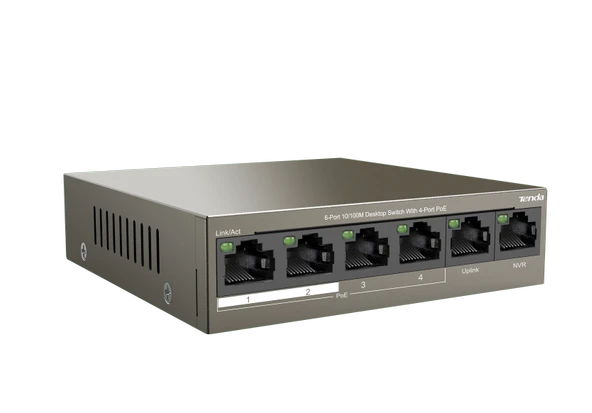 Tenda TEF1106P 6 Port 4 Port Poe+ 10/100 + 2 Port Uplink Çelik Kasa Rack Mount Switch