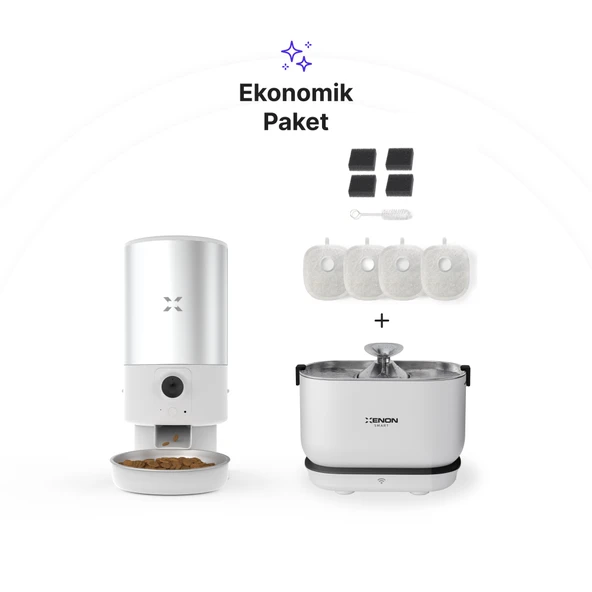 Xenon Smart Akıllı 5LT Çelik Hazneli Mama Kabı Akıllı Otomatik Şarj Edilebilir Bataryalı Su Pınarı ve Yedek Filtre 3'lü Pet Seti