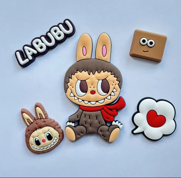 3 Boyutlu Özel Üretim Labubu Sticker (5'li Set) - (Kahverengi-Kırmızı Set) - 3