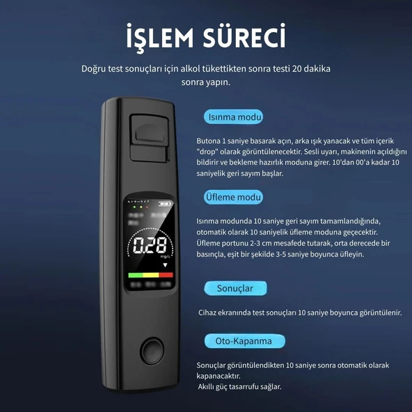 Monozone A20 Taşınabilir Alkol Test Cihazı Yüksek Hassasiyetli Alkol Ölçer Hd Ekran Temassız Şarjlı - Resim 4