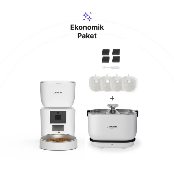 Xenon Smart Akıllı 4LT Çelik Hazneli Mama Kabı Akıllı Otomatik Şarj Edilebilir Bataryalı Su Pınarı ve Yedek Filtre 3'lü Pet Seti
