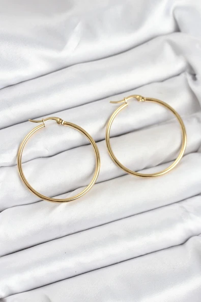 Tahtakale Toptancı  Çelik Gold Renk 35 mm Halka Kadın Küpe 11226 - 1