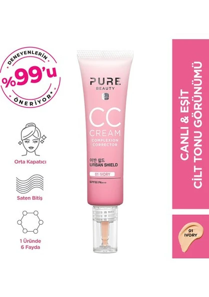 Pure Beauty CC Krem - Nemlendirici ve Güneş Koruyucu, SPF50 PA+++, Tüm Cilt Tipleri için Niasinamid İçeren, 30 ml - 1
