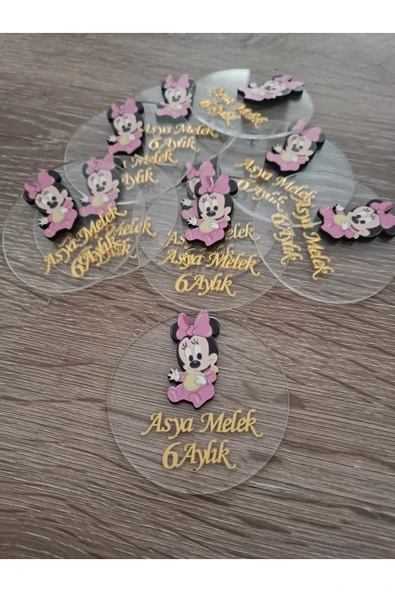 Doğrukan Hediyelik Oturan Minnie mouse figürlü şeffaf pleksi yenidoğan doğum günü magnet hediyelik (10 adet) ürün görseli