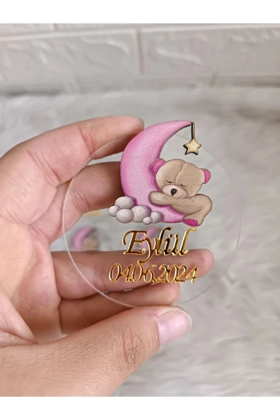Doğrukan Hediyelik Pembe Ayda Ayıcıklı Pleksi Magnet Yenidoğan Doğum Günü Mevlüt Hediyelik (10 adet) ürün görseli