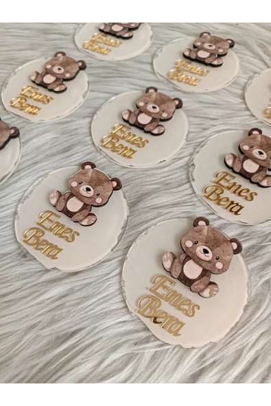 Doğrukan Hediyelik 10 adet kahverengi oturan ayıcıklı pleksi magnet yenidoğan doğum günü mevlüt hediyelikleri - Resim 2