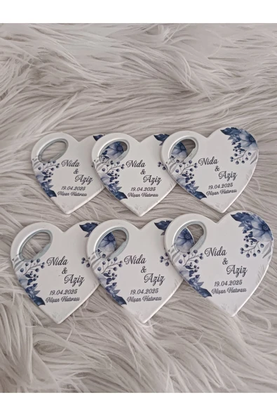 Doğrukan Hediyelik 20 adet kalp açacak magnet mavi çiçekli nişan hatırası - 3