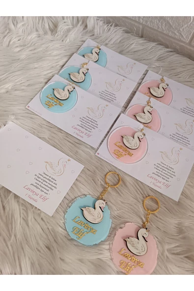 Doğrukan Hediyelik Kuğu konsept anahtarlık kartlı yenidoğan doğum günü hediyelikleri(10 adet) - Resim 4
