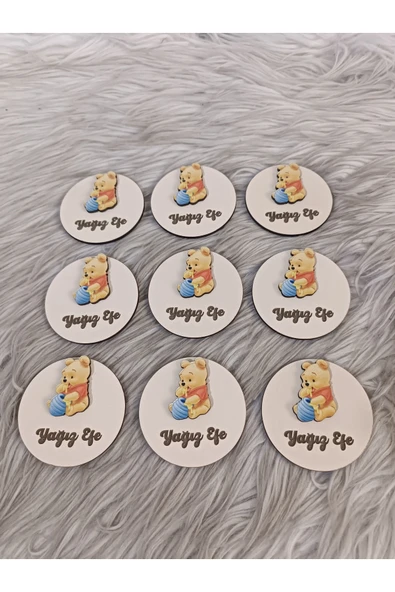 Doğrukan Hediyelik Winnie the pooh figürlü ahşap yenidoğan doğum günü hediyelik magnet(10 adet) - Resim 3