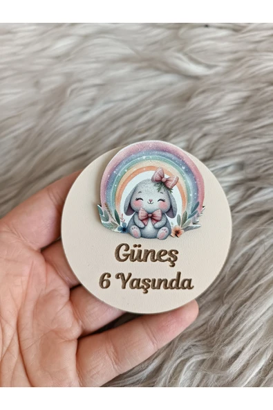 Doğrukan Hediyelik Gökkuşaklı tavşan figürlü ahşap yenidoğan doğum günü magnet hediyelik (10 adet) ürün görseli
