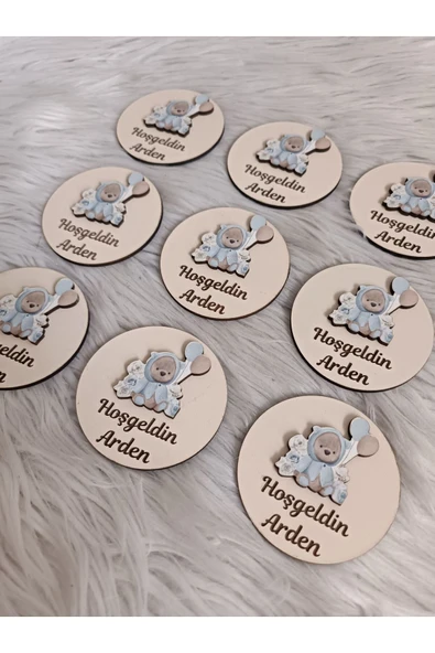 Doğrukan Hediyelik Mavi çiçekli balonlu ayıcık figürlü ahşap yenidoğan doğum günü mevlüt hediyelik (10 adet) - Resim 2