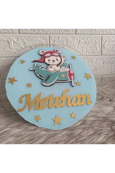 Doğrukan Hediyelik 30 cm uçakta ayıcık figürlü pleksi yenidoğan çocuk odası kapı süsü - Resim 3
