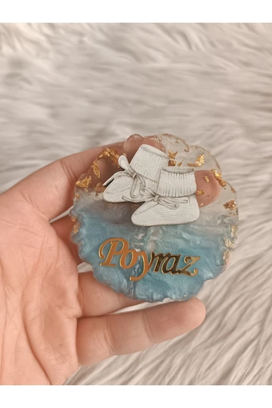 Doğrukan Hediyelik 10 adet krem patikli mavi epoksi magnet yenidoğan doğum günü hediyelikleri