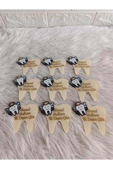 Doğrukan Hediyelik 10 adet krem tabanlı diş şeklinde pleksi figürlü diş buğdayı magnet hediyelik yenidoğan hediyesi - Resim 3