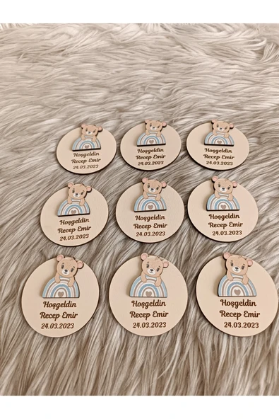 Doğrukan Hediyelik Mavi gökkuşaklı ayıcık figürlü ahşap yenidoğan doğum günü magnet hediyelik(10 adet) - Resim 2