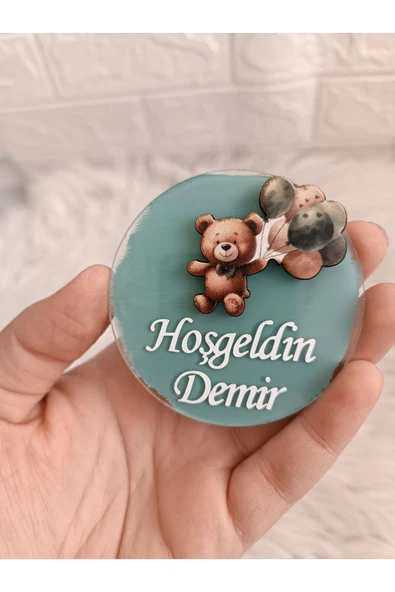 Doğrukan Hediyelik Balonlu ayıcık figürlü pleksi magnet yenidoğan doğum günü mevlüt hediyelik folyo yazılı(10 adet)