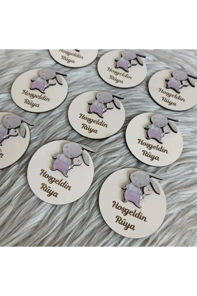 Doğrukan Hediyelik Pembe tulumlu tavşan figürlü ahşap yenidoğan doğum günü hediyelik magnet(10 adet) - Resim 3