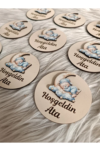 Doğrukan Hediyelik 10 adet ayda uyuyan pijamalı ayıcık figürlü ahşap taban magnet yenidoğan doğum günü mevlüt hediyelik - Resim 2