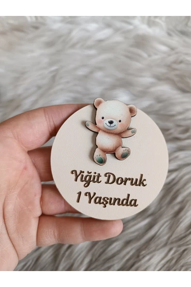 Doğrukan Hediyelik Krem renk ayıcıklı ahşap yenidoğan doğum günü magnet hediyelik (10 adet) ürün görseli