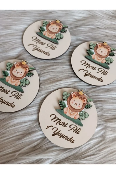 Doğrukan Hediyelik 10 Adet Çimenli Aslan Figürlü Ahşap Bebek Yenidoğan Doğum Günü Magnet - Resim 2