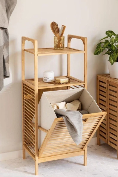 Dekorasyaa Bambu 2 Katlı Çok Amaçlı Banyo Düzenleyici Çamaşır Sepeti Organizer - Krem - 1