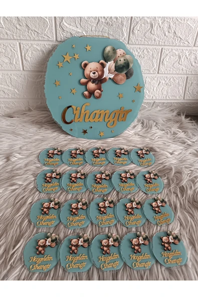 Doğrukan Hediyelik Yeşil balonlu ayıcıklı pleksi kapı süsü 20 li magnet set