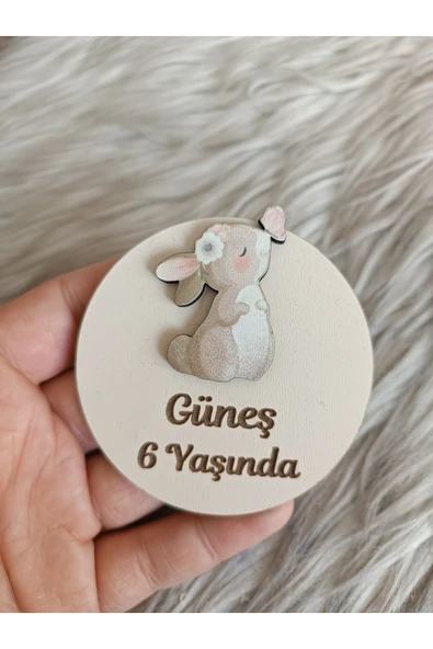 Doğrukan Hediyelik Burnunda kelebekli tavşanlı ahşap yenidoğan doğum günü magnet hediyelik (10 adet) ürün görseli