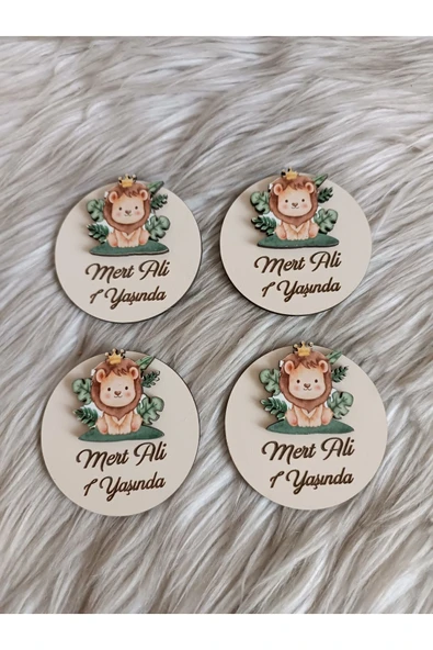 Doğrukan Hediyelik 10 Adet Çimenli Aslan Figürlü Ahşap Bebek Yenidoğan Doğum Günü Magnet - Resim 3