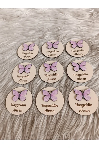 Doğrukan Hediyelik Pembe antenli kelebek figürlü ahşap yenidoğan doğum günü magnet hediyelik (10 adet) - Resim 2