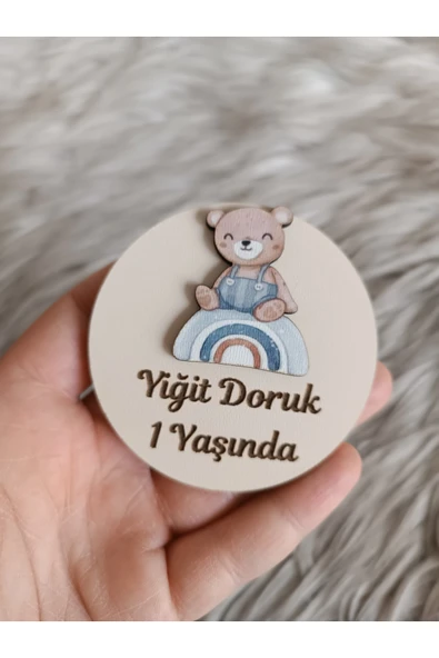 Doğrukan Hediyelik Gökkuşağı üstünde ayıcıklı figürlü ahşap yenidoğan doğum günü magnet hediyelik (10 adet) ürün görseli