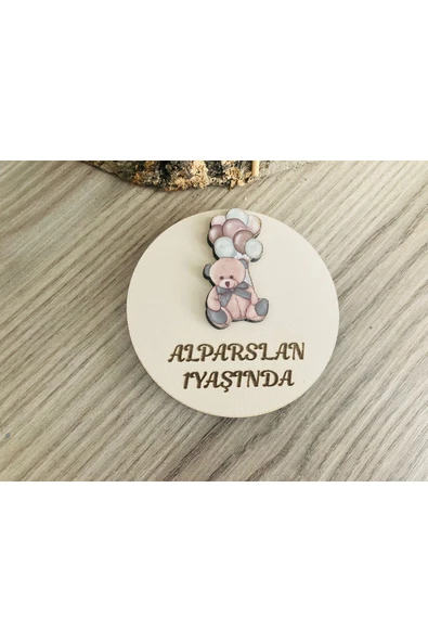 Doğrukan Hediyelik Kahverengi balonlu ayıcıklı ahşap taban figürlü yenidoğan doğum günü hediyelik magnet(10 adet) ürün görseli
