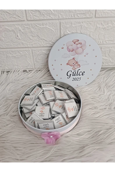 Doğrukan Hediyelik Metal kutuda dijital baskılı 50 li yenidoğan doğum günü mevlüt çikolataları ürün görseli